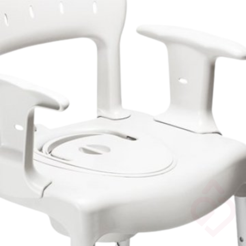 Cadeira sanitária e de duche regulável em altura, com braços de apoio, encosto e assento almofadado.