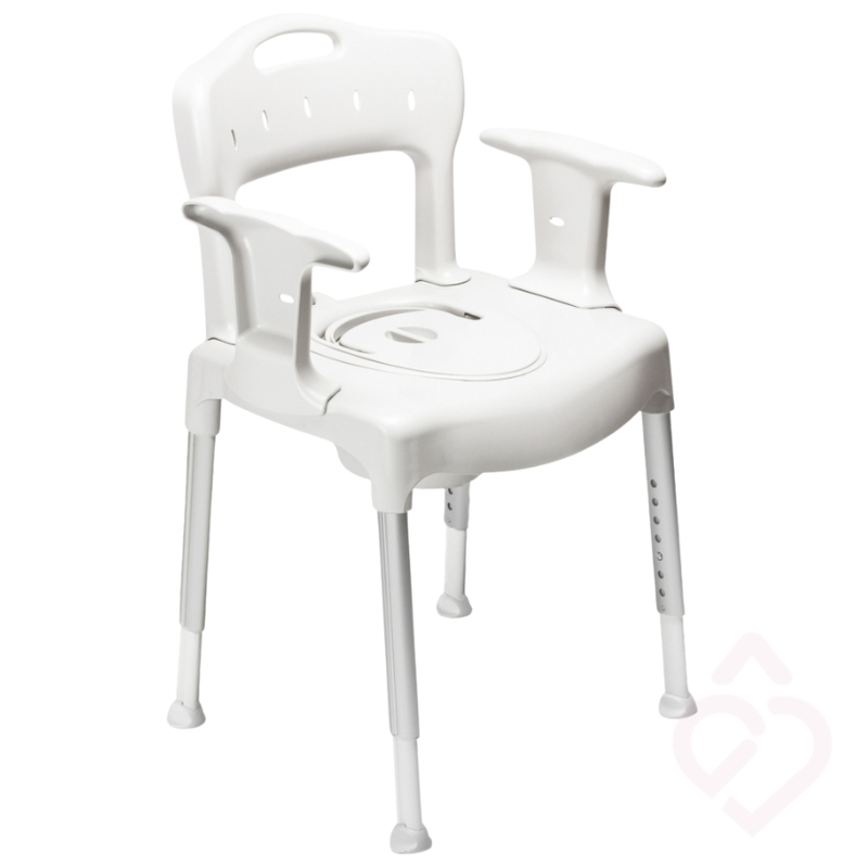 Cadeira sanitária e de duche regulável em altura, com braços de apoio, encosto e assento almofadado.
