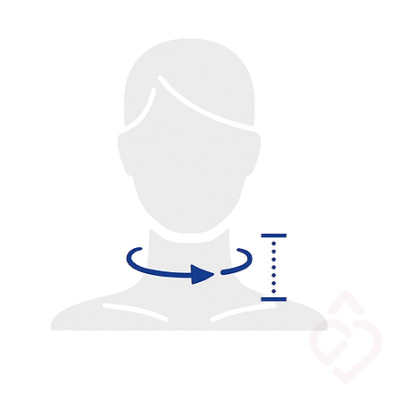 Ilustração da medição do contorno e da altura do pescoço para escolher o tamanho adequado do colar cervical.
