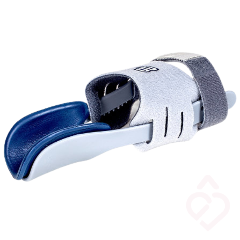 Corretor noturno para joanete Bauerfeind ValguLoc, com tala estabilizadora e sistema de ajuste, concebido para ajudar a corrigir suavemente o alinhamento do dedo grande e aliviar a pressão associada ao hallux valgus durante o repouso.