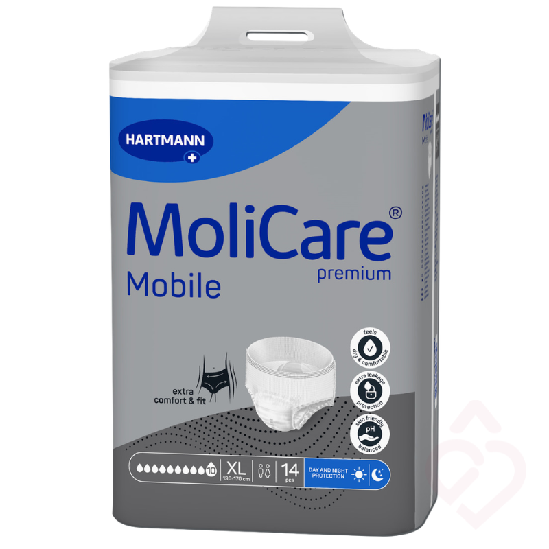 Embalagem de cuecas absorventes MoliCare Premium Mobile da Hartmann, tamanho XL, com 14 unidades.
