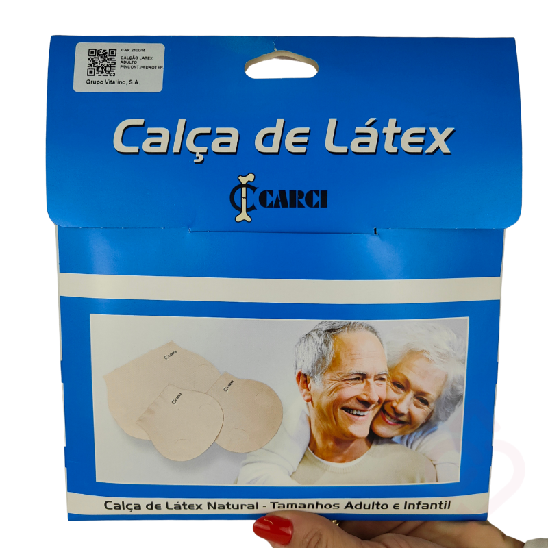 Embalagem da cueca de látex natural Carci para hidroterapia, indicada para pessoas com incontinência urinária. Disponível em tamanhos para adulto e criança, ajuda a evitar fugas durante atividades na água, proporcionando maior proteção e segurança.