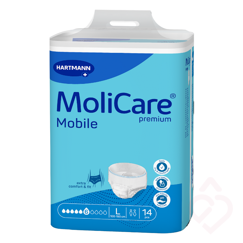 Cueca-fralda MoliCare Premium Mobile 6 gotas da HARTMANN, tamanho L, para incontinência, proporcionando elevada absorção, conforto e segurança no dia a dia.