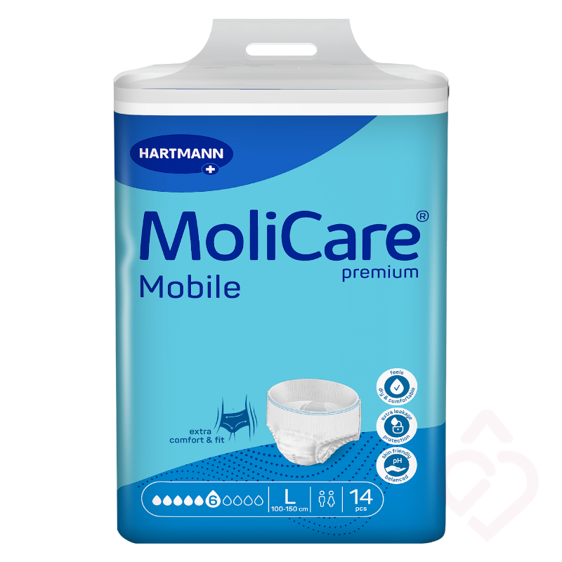 Cueca-fralda MoliCare Premium Mobile 6 gotas da HARTMANN, tamanho L, para incontinência, proporcionando elevada absorção, conforto e segurança no dia a dia.