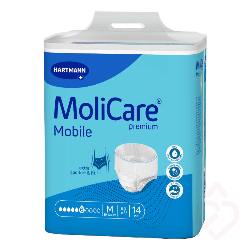 Cueca-fralda MoliCare Premium Mobile 6 gotas, tamanho M, para incontinência moderada, proporcionando elevada absorção, conforto e segurança com ajuste semelhante a roupa interior.