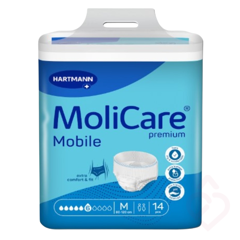 Cueca-fralda MoliCare Premium Mobile 6 gotas, tamanho M, para incontinência moderada, proporcionando elevada absorção, conforto e segurança com ajuste semelhante a roupa interior.