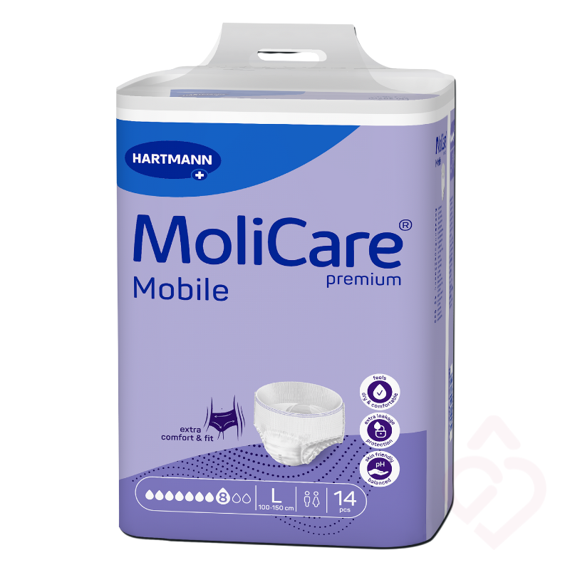 Embalagem de cueca-fralda MoliCare Premium Mobile 8 gotas, tamanho L, indicada para incontinência, com elevada absorção e ajuste confortável, proporcionando proteção contra fugas, segurança e maior autonomia no dia a dia.