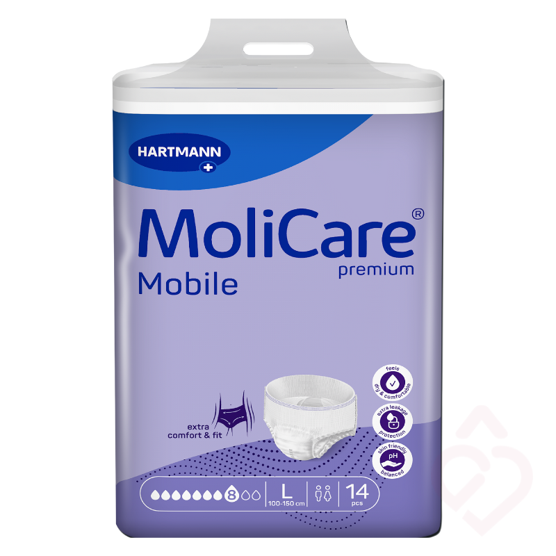 Embalagem de cueca-fralda MoliCare Premium Mobile 8 gotas, tamanho L, indicada para incontinência, com elevada absorção e ajuste confortável, proporcionando proteção contra fugas, segurança e maior autonomia no dia a dia.