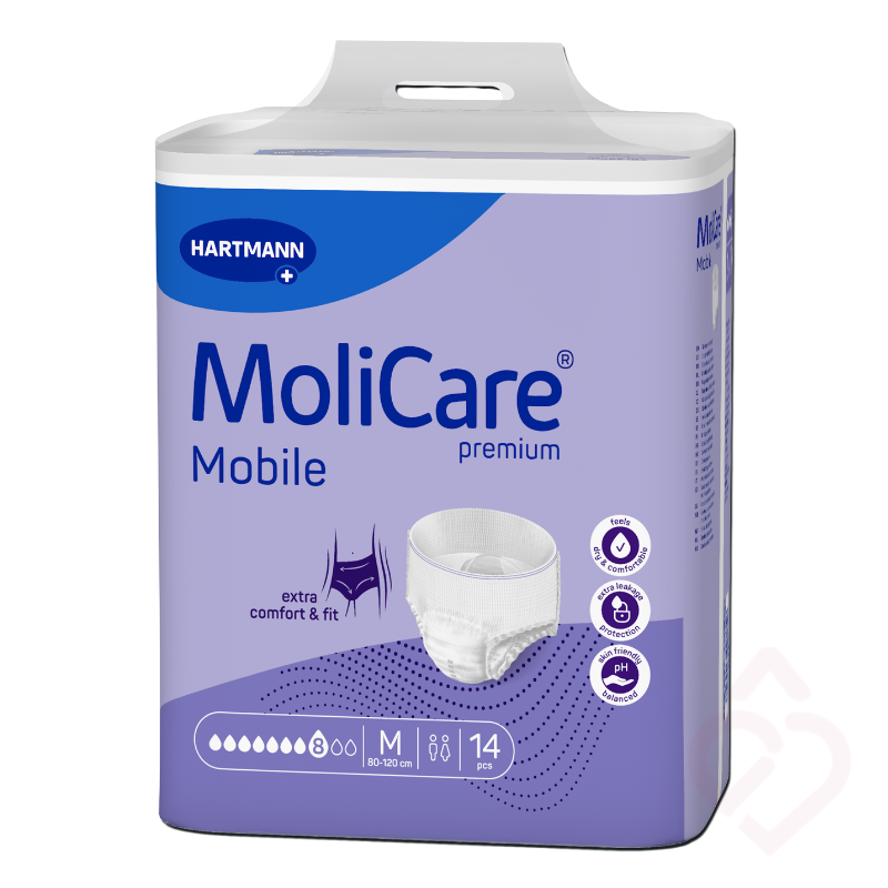 Embalagem de cueca-fralda MoliCare Premium Mobile 8 gotas, tamanho M, indicada para incontinência, proporcionando elevada absorção, conforto e segurança no dia a dia.