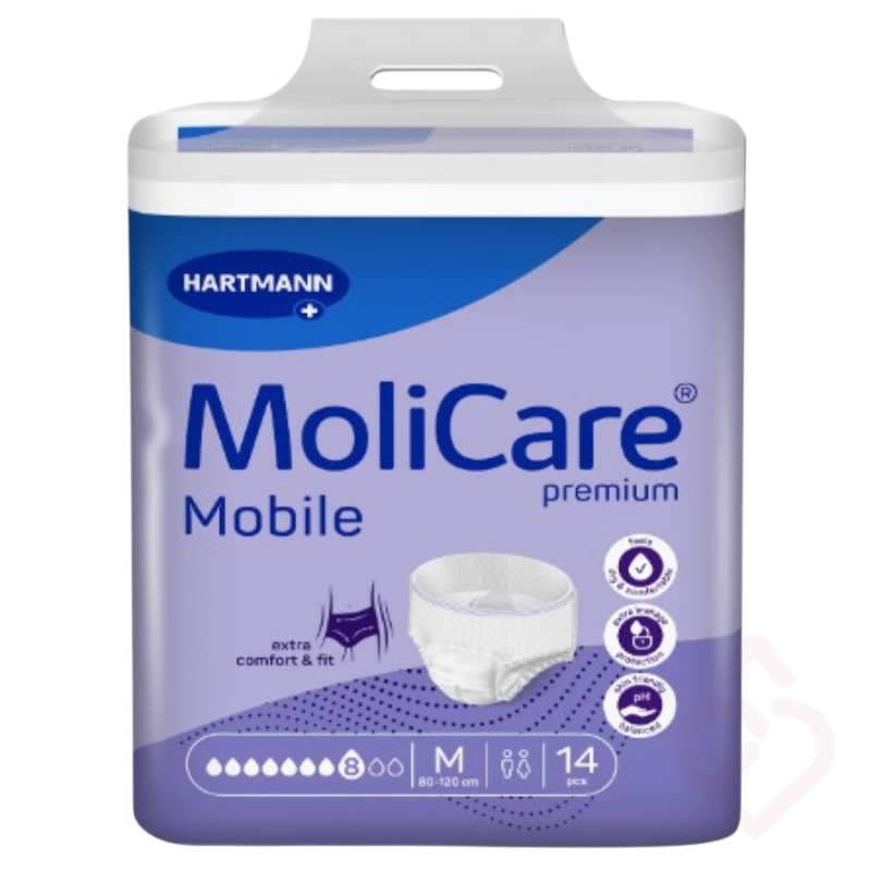 Embalagem de cueca-fralda MoliCare Premium Mobile 8 gotas, tamanho M, indicada para incontinência, proporcionando elevada absorção, conforto e segurança no dia a dia.