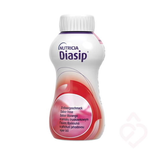 Garrafa de Diasip sabor morango, suplemento nutricional oral especialmente indicado para pessoas com diabetes, desenvolvido para complementar a alimentação e ajudar a garantir um aporte adequado de energia e nutrientes de forma prática e saborosa.