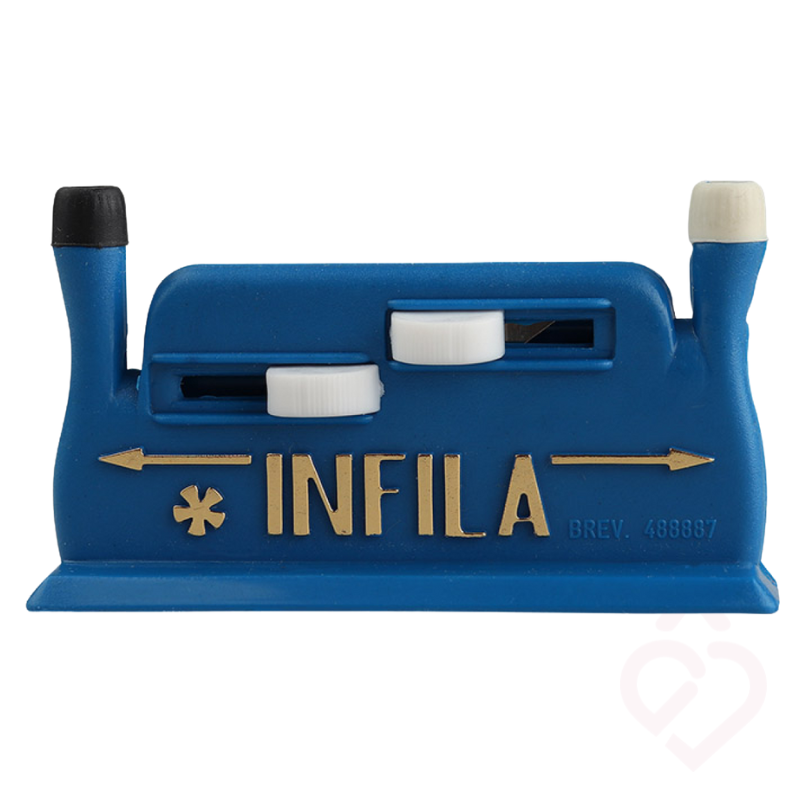 Enfia-agulhas Infila azul, auxiliar prático para passar a linha pelo orifício da agulha com maior facilidade, ideal para pessoas com menor destreza manual ou dificuldade de visão.