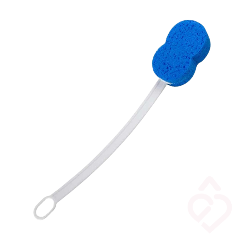 Esponja de banho com cabo comprido, concebida para facilitar a higiene corporal e alcançar zonas do corpo de difícil acesso com maior autonomia e conforto.