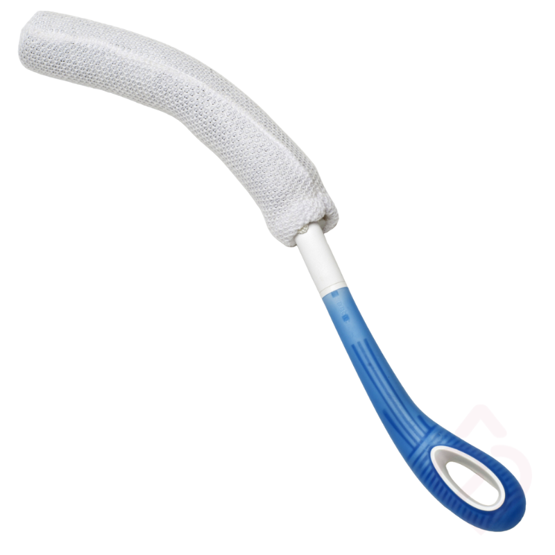 Esponja de banho com cabo comprido e curvo, concebida para facilitar a higiene das costas e de outras zonas do corpo de difícil alcance.