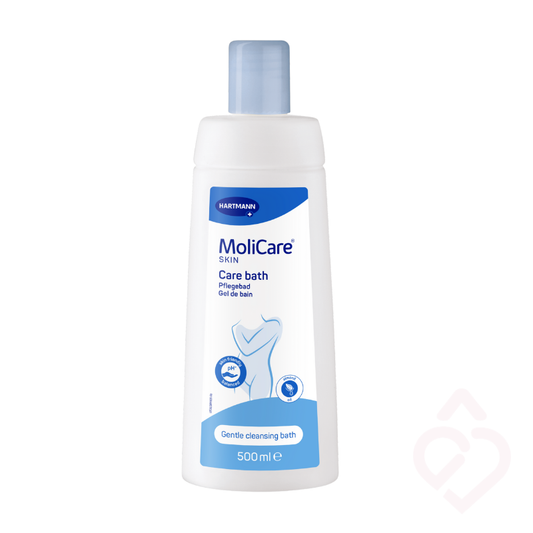 Embalagem de 500 ml de gel de banho MoliCare Skin Care Bath, indicado para a higiene diária suave e o cuidado da pele sensível.