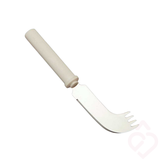 Faca Nelson adaptada com garfo, para cortar e levar os alimentos à boca com uma só mão