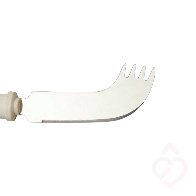 Faca Nelson adaptada com garfo, para cortar e levar os alimentos à boca com uma só mão