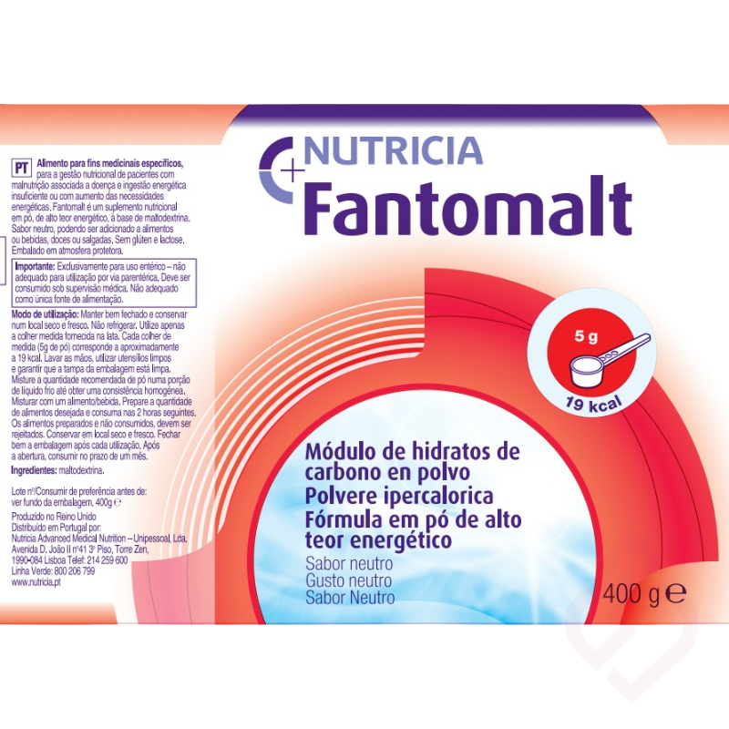 Rótulo informativo do suplemento nutricional Nutricia Fantomalt, módulo de hidratos de carbono em pó de alto teor energético e sabor neutro. Apresenta indicações de utilização, modo de preparação, ingredientes e informações de conservação. Embalagem de 400 g.