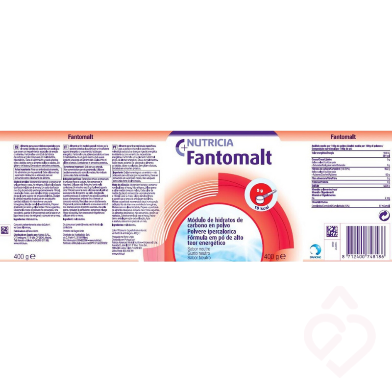 Rótulo informativo do suplemento nutricional Nutricia Fantomalt, módulo de hidratos de carbono em pó de alto teor energético e sabor neutro. Apresenta indicações de utilização, modo de preparação, ingredientes e informações de conservação. Embalagem de 400 g.