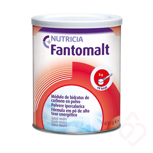 Suplemento nutricional Nutricia Fantomalt em pó, à base de hidratos de carbono, indicado para aumentar o aporte energético da alimentação sem alterar significativamente o sabor dos alimentos e bebidas. Apresenta sabor neutro e embalagem de 400 g.
