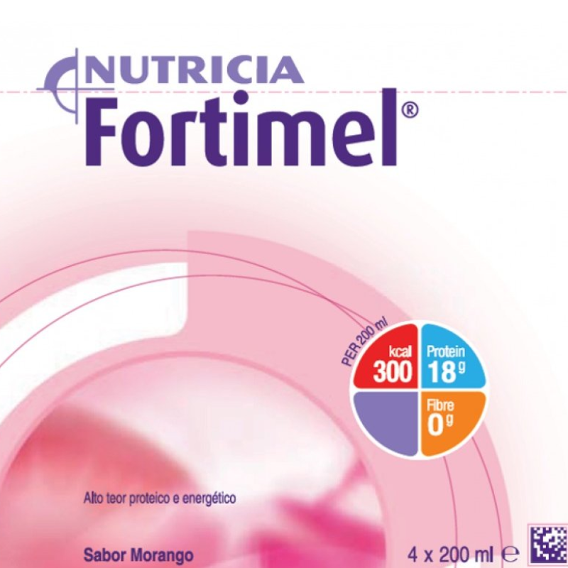 Nutricia Fortimel sabor morango, suplemento nutricional oral de alto teor proteico e energético, fornecendo 300 kcal e 18 g de proteína por garrafa de 200 ml, indicado para complementar a alimentação em situações de necessidades nutricionais aumentadas ou ingestão insuficiente.