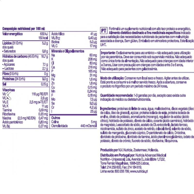Rótulo informativo do Nutricia Fortimel sabor morango, suplemento nutricional oral de alto teor proteico e energético, com informação detalhada sobre composição nutricional, vitaminas, minerais, ingredientes, modo de utilização e quantidade diária recomendada.