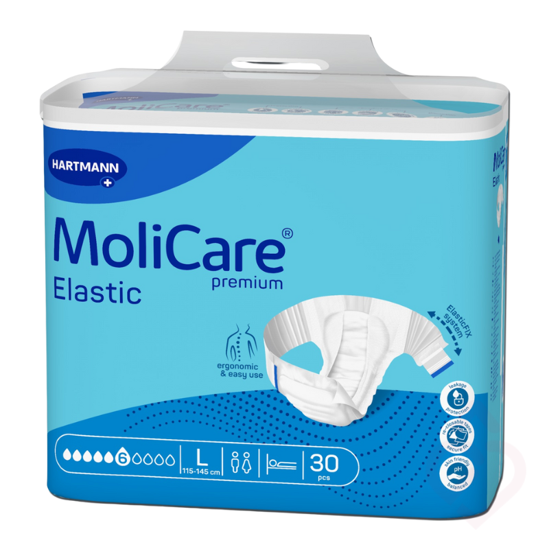 Embalagem de fraldas MoliCare Premium Elastic 6 gotas, tamanho L, indicada para incontinência moderada a grave, com laterais elásticas que proporcionam um ajuste confortável, proteção contra fugas e maior segurança no dia a dia.