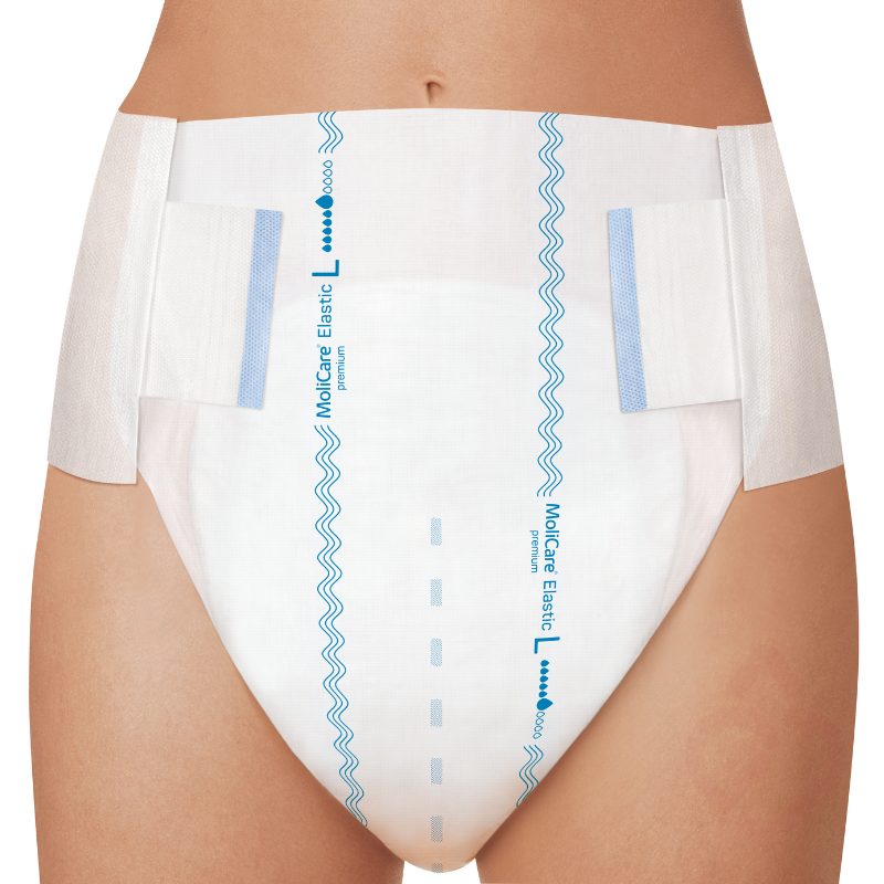 Fralda MoliCare Premium Elastic 6 gotas, tamanho L, com abas laterais elásticas e ajuste anatómico, proporcionando maior conforto, segurança e proteção contra fugas durante o dia a dia.