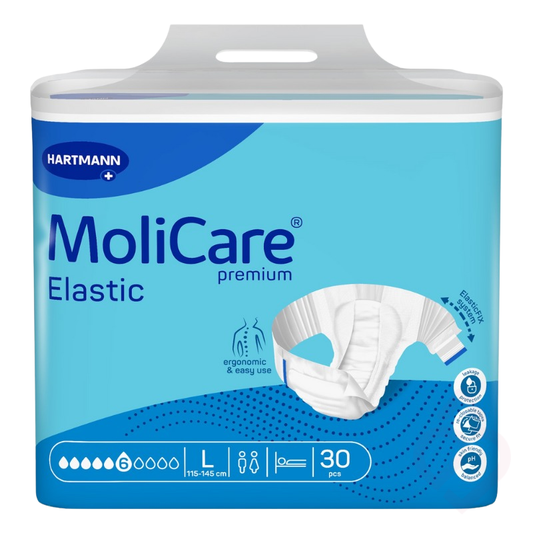 Embalagem de fraldas MoliCare Premium Elastic 6 gotas, tamanho L, indicada para incontinência moderada a grave, com laterais elásticas que proporcionam um ajuste confortável, proteção contra fugas e maior segurança no dia a dia.