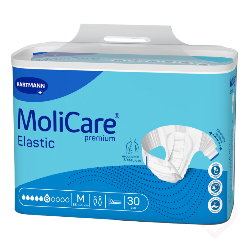 Embalagem de fralda MoliCare Premium Elastic 6 gotas, tamanho M, indicada para incontinência, com ajuste ergonómico e elevada absorção, proporcionando conforto, proteção contra fugas e maior segurança no dia a dia