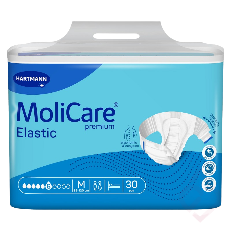 Embalagem de fralda MoliCare Premium Elastic 6 gotas, tamanho M, indicada para incontinência, com ajuste ergonómico e elevada absorção, proporcionando conforto, proteção contra fugas e maior segurança no dia a dia