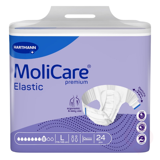 Embalagem de fraldas MoliCare Premium Elastic 8 gotas, tamanho L, indicada para incontinência, com elevada capacidade de absorção e sistema de fixação elástico que proporciona conforto, ajuste seguro e proteção reforçada contra fugas.