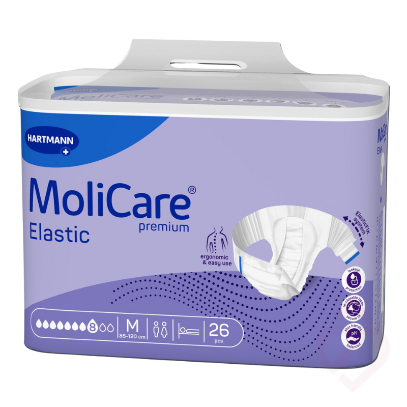 Embalagem de fraldas MoliCare Premium Elastic 8 gotas, tamanho M, indicada para incontinência, com elevada absorção e sistema de fixação elástico que proporciona maior conforto, segurança e proteção contra fugas.