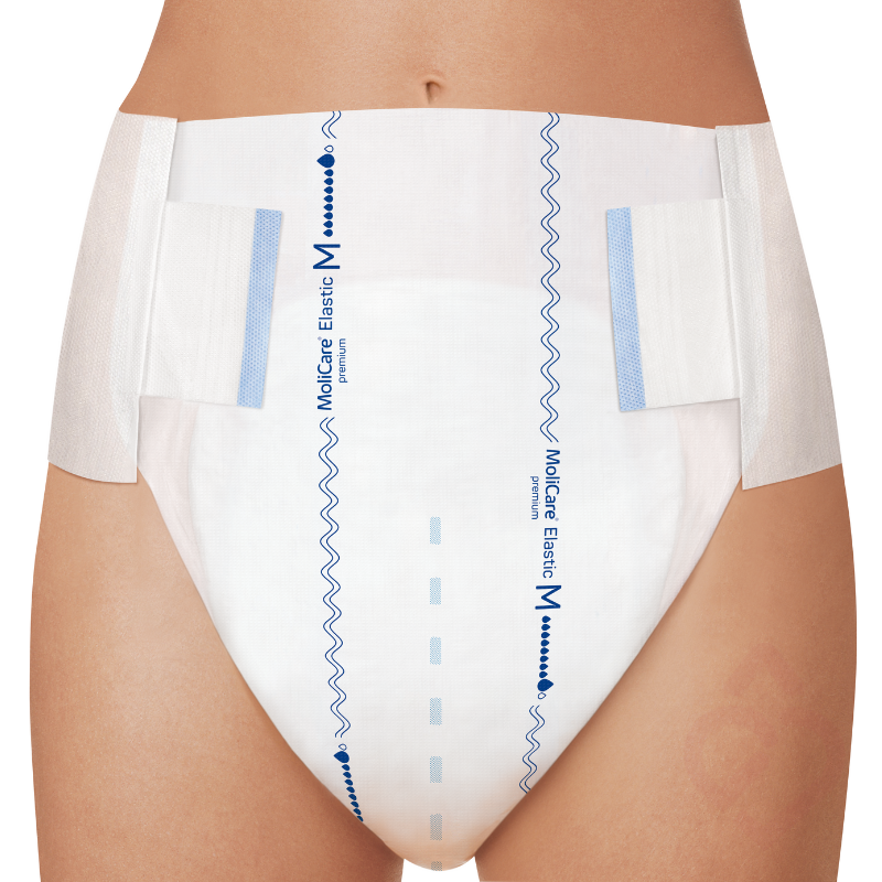 Fralda MoliCare Premium Elastic 8 gotas, tamanho M, com abas laterais elásticas e ajuste anatómico, proporcionando elevada absorção, conforto e segurança, com proteção reforçada contra fugas.
