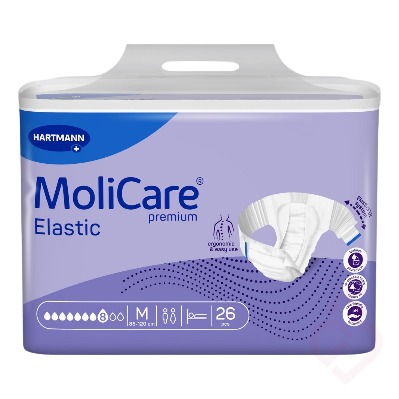 Embalagem de fraldas MoliCare Premium Elastic 8 gotas, tamanho M, indicada para incontinência, com elevada absorção e sistema de fixação elástico que proporciona maior conforto, segurança e proteção contra fugas.
