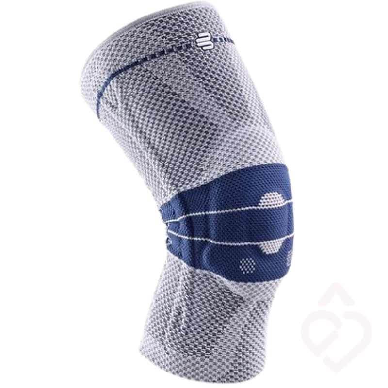 Joelheira Bauerfeind GenuTrain Titan, elástica e respirável, concebida para proporcionar compressão, suporte e estabilização do joelho, promovendo maior conforto e segurança durante o movimento.