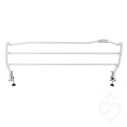 Grade de cama branca com três barras horizontais, ideal para camas articuladas ou hospitalares.