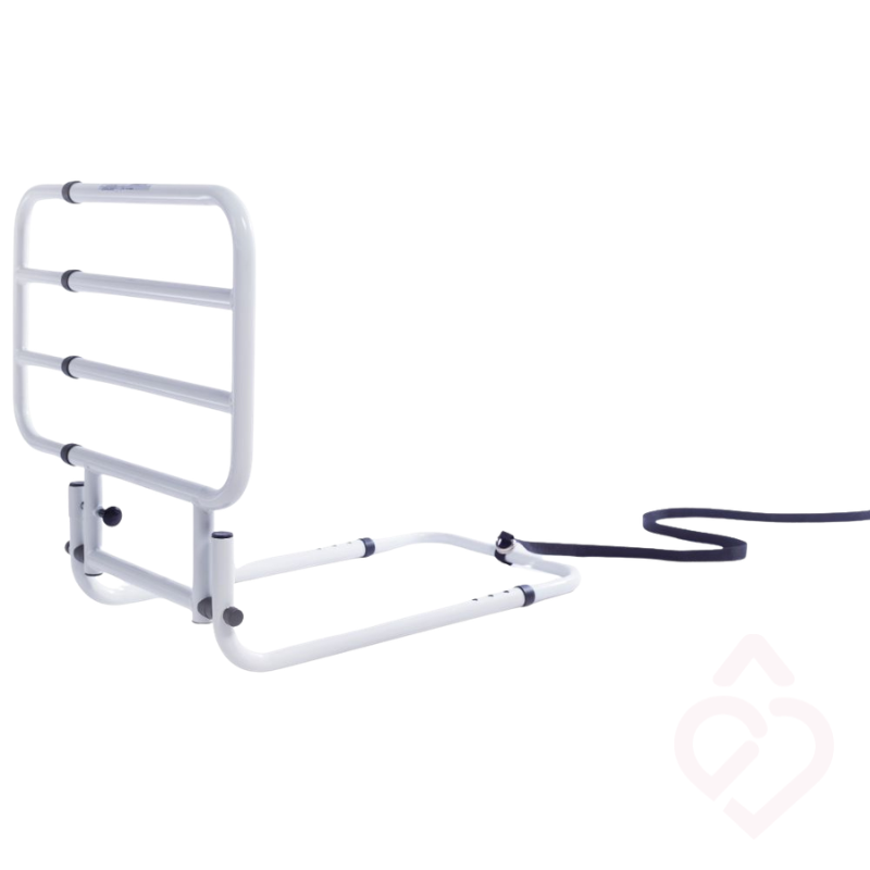Grade lateral de cama com estrutura metálica resistente, concebida para ajudar a prevenir quedas durante o repouso e proporcionar um apoio seguro ao levantar ou deitar, aumentando a segurança e a autonomia do utilizador.