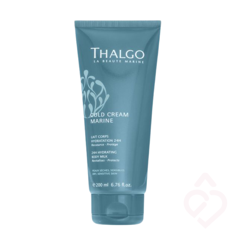 Leite corporal Thalgo Cold Cream Marine 24H Hydrating Body Milk, indicado para pele seca e sensível, proporcionando hidratação durante 24 horas e ajudando a nutrir, suavizar e devolver conforto à pele. Embalagem de 200 ml.