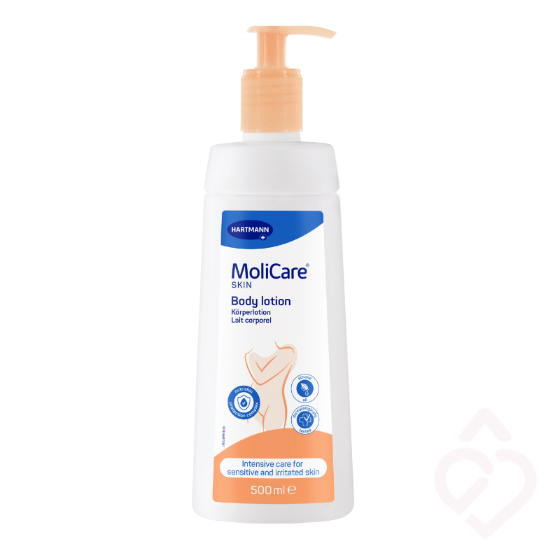 Frasco de 500 ml de loção corporal MoliCare Skin Body Lotion da Hartmann, para o cuidado intensivo da pele sensível e irritada.