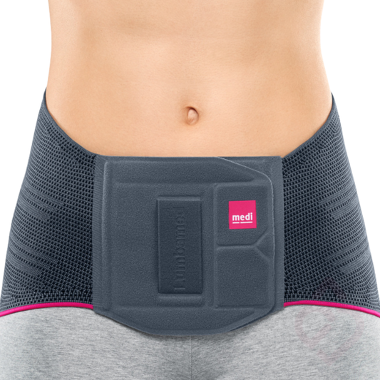 Cinta lombar feminina Medi Lumbamed Basic, concebida para estabilizar e apoiar a região lombar através de compressão, ajudando a aliviar a tensão e a proporcionar maior conforto durante as atividades diárias.