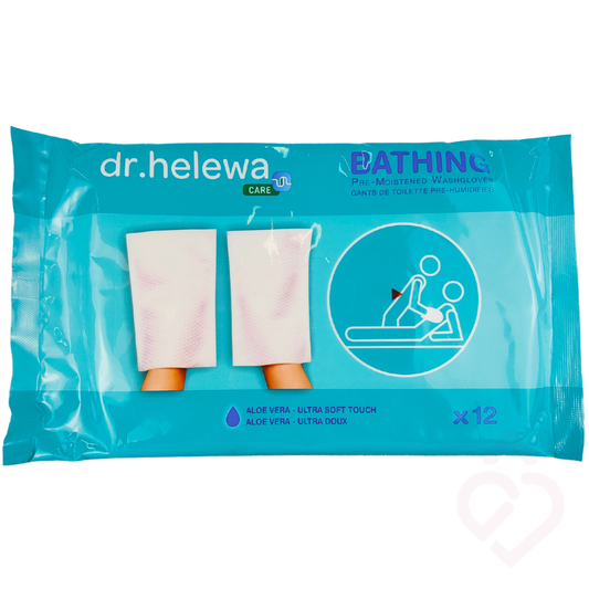 Embalagem de 12 manápulas impregnadas Dr. Helewa Bathing, pré-humedecidas e com aloe vera, para higiene corporal.
