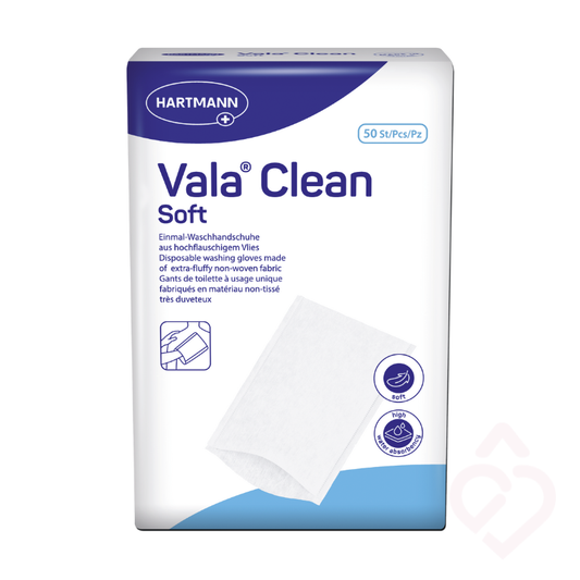 Manápulas de limpeza descartáveis HARTMANN Vala Clean Soft, suaves e absorventes, indicadas para facilitar a higiene corporal diária de forma prática, confortável e higiénica.