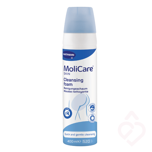 Embalagem de 400 ml de espuma de limpeza MoliCare Skin, indicada para uma higiene rápida e suave da pele sem necessidade de água.