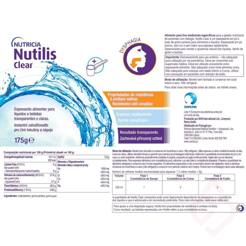 Rótulo informativo do espessante alimentar Nutricia Nutilis Clear, indicado para pessoas com disfagia. Apresenta a composição nutricional, ingredientes, modo de utilização e dosagem necessária para obter diferentes níveis de consistência, ajudando a tornar a deglutição mais segura.