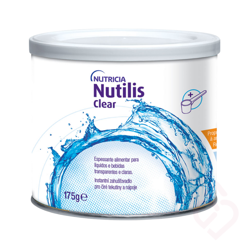 Espessante alimentar Nutricia Nutilis Clear, indicado para pessoas com disfagia. Permite ajustar a consistência de líquidos e bebidas, mantendo uma aparência transparente e ajudando a tornar a deglutição mais segura. Embalagem de 175 g.