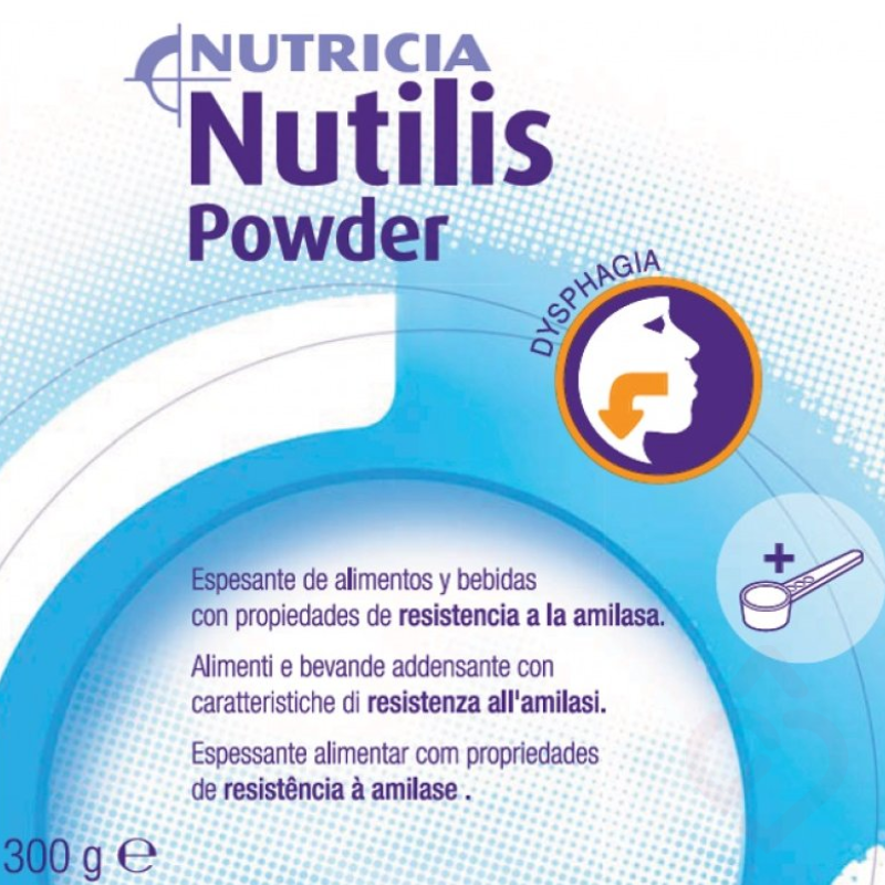 Nutricia Nutilis Powder, espessante alimentar indicado para pessoas com disfagia, com propriedades de resistência à amilase, desenvolvido para ajustar a consistência de alimentos e bebidas e favorecer uma deglutição mais segura. Embalagem de 300 g.