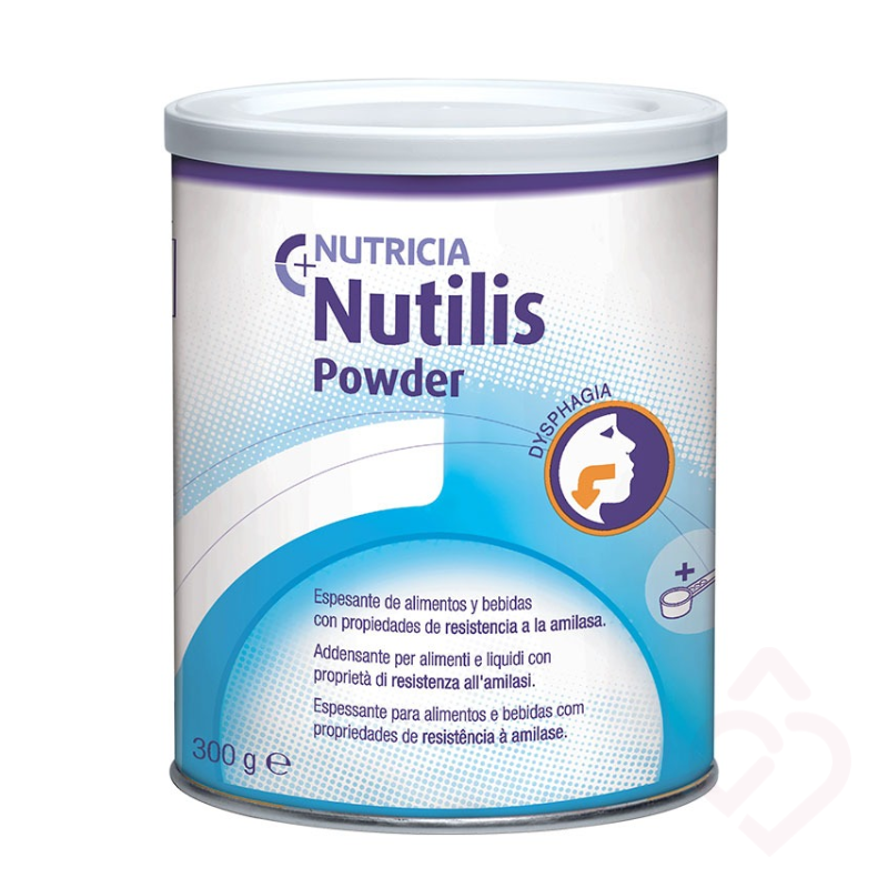 Espessante alimentar Nutricia Nutilis Powder, indicado para pessoas com disfagia, desenvolvido para espessar alimentos e bebidas e facilitar uma deglutição mais segura. Embalagem de 300 g.