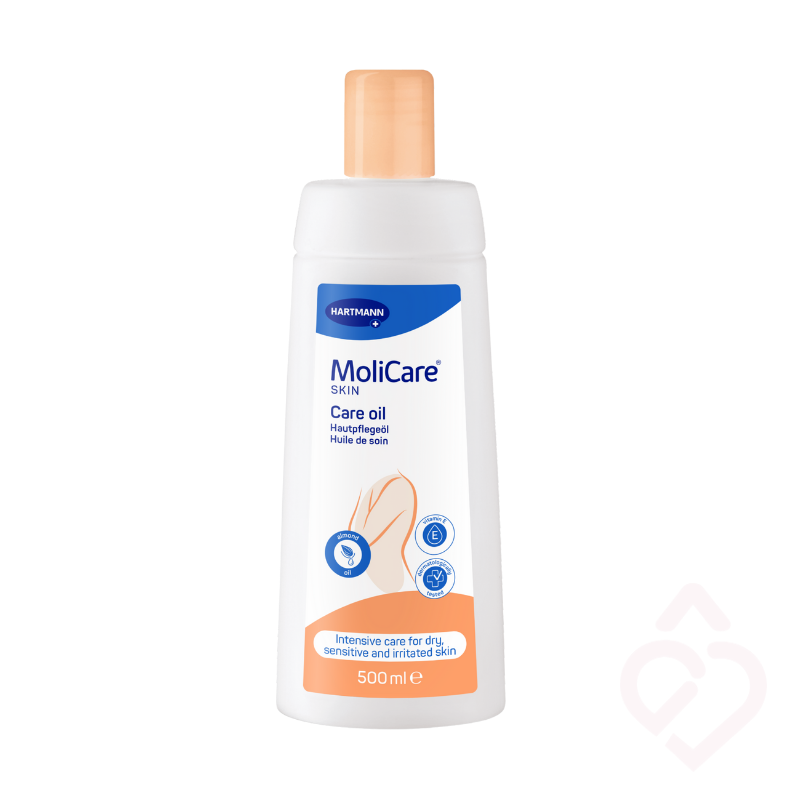 Frasco de 500 ml de óleo de cuidado da pele MoliCare Skin Care Oil da Hartmann, indicado para pele seca, sensível e irritada.