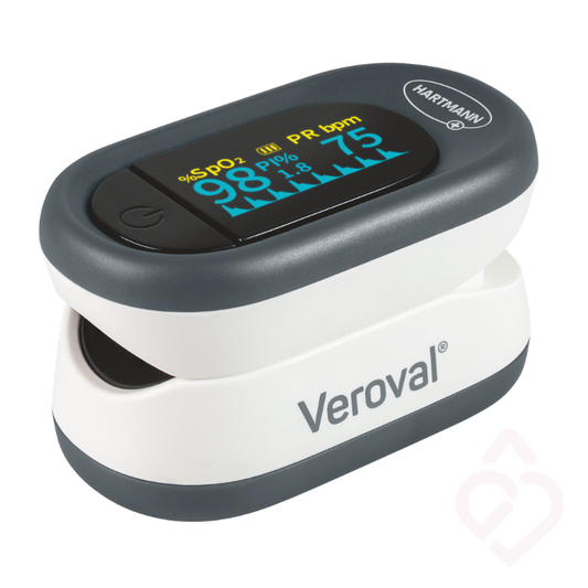 Oxímetro de dedo Veroval para medição da saturação de oxigénio no sangue e da pulsação, com ecrã digital para uma leitura rápida e simples dos valores.
